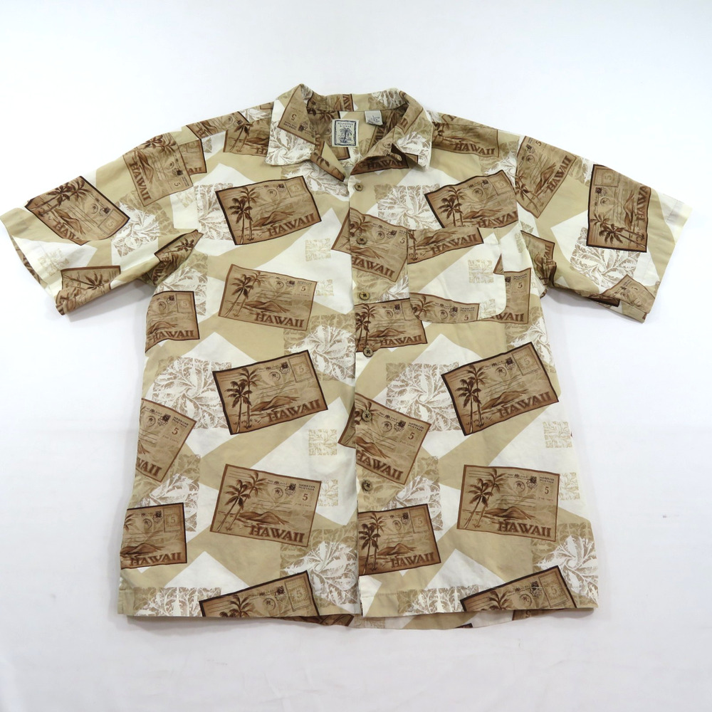Roundtree & Yorke Hawaiian Shirt Hawaii Post Cards Floral Cotton Sz L